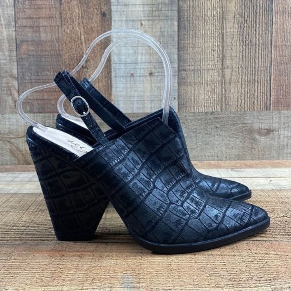 42 Gold Black Croc Slingback Mules Ankle Booties Womens 7.5M Pointed Toe